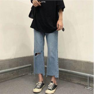 Cropped Straight Leg Distressed Jeans