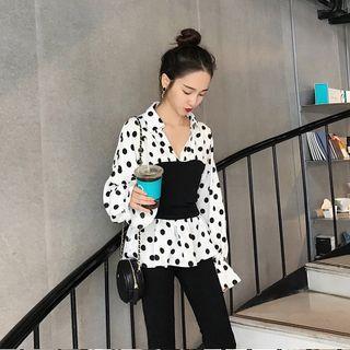 Polka Dot Panel Shirt / Boot Cut Pants / Set