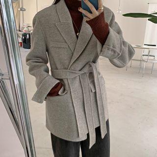 Flap-front Wool Blend Handmade Coat With Sash