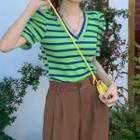 Puff-sleeve Striped V-neck Top Stripe - One Size