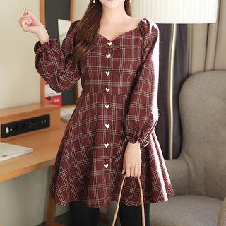 Sweetheart-neck Plaid Flare Dress