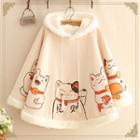 Fortune Cat Print Fleece-lined Hooded Cape Jacket