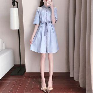 Elbow-sleeve Perforated Panel Shirtdress