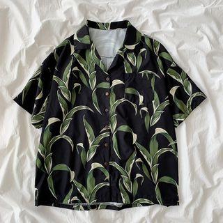 Short-sleeve Print Shirt Leaf - Black - One Size