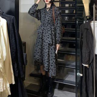 Long-sleeve Floral Print Midi A-line Dress Gray - One Size