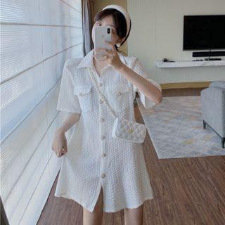 Short-sleeve Button-up Knit Dress White - One Size