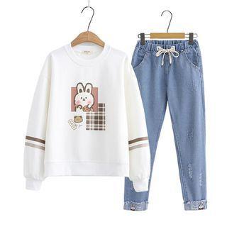 Set: Rabbit Print Sweatshirt + Embroidered Distressed Tapered Jeans