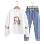 Set: Rabbit Print Sweatshirt + Embroidered Distressed Tapered Jeans