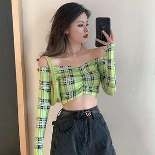 Cold Shoulder Plaid Long-sleeve Top Plaid - Green - One Size