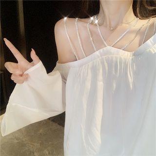 Long-sleeve Glitter Strap Cold Shoulder Top White - One Size