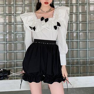 Set: Bow Square Neck Ruffle Blouse + High Waist Shorts