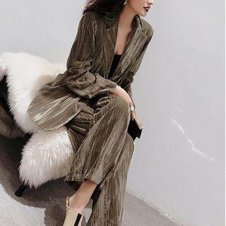 Single-breasted Velvet Blazer / Wide Leg Dress Pants