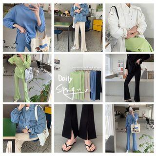Set: Slit-side T-shirt + Slit-hem Boot-cut Pants