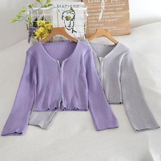 Bell-sleeve Ribbed Zip Knit Cardigan