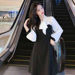 Puff-sleeve Two-tone A-line Dress