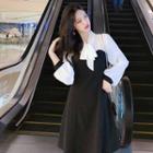 Puff-sleeve Two-tone A-line Dress