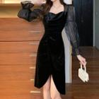 Mesh Sleeve Velvet Panel Slit Dress