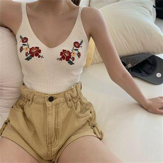 Floral Embroidered Spaghetti Strap Knit Top White - One Size