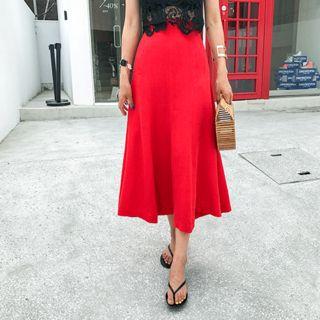 Slit Linen Blend Long Flare Skirt