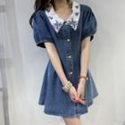 Embroidered Collar Puff-sleeve Denim Mini A-line Dress