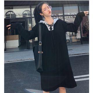 Tie-neck Color Panel Hoodie Dress Black - One Size