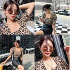 Square-neck Puff-sleeve Leopard Slim-fit Top