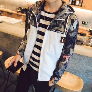 Leaf Print Panel Hooded Zip Jacket