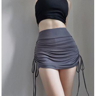 High-waist Plain Pleated Drawstring Mini Skirt