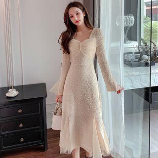 Flared-sleeve Mesh Panel Midi A-line Dress