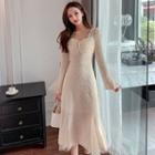 Flared-sleeve Mesh Panel Midi A-line Dress