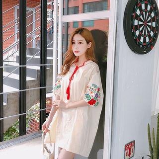 Balloon-sleeve Floral Embroidered Dress