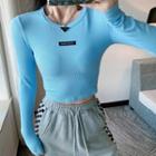 Long-sleeve Lettering Patch Knit Crop Top