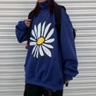 Flower Turtle-neck Loose-fit Long-sleeve Sweatshirt