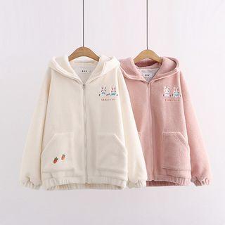 Rabbit Embroidered Fleece Zip Hoodie
