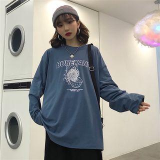Long-sleeve Printed Top Grayish Blue - One Size