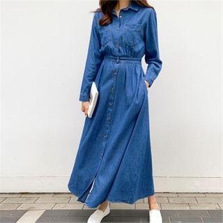 Pocket-front Denim Shirtdress Dark Blue - One Size