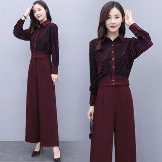 Set: Contrast Trim Blouse + Wide-leg Pants
