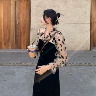 Mesh Panel Velvet A-line Maxi Dress