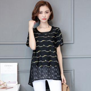 Lace Hem Striped Short-sleeve Top