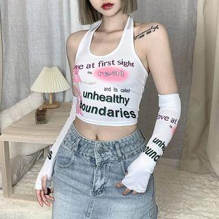 Set: Halter-neck Print Crop Top + Arm Sleeves
