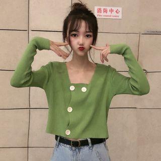 Square-neck Long-sleeve Knit Top / Lace Open Front Jacket