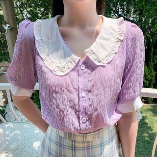 Collared Puff-sleeve Crinkle Blouse