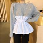 Long-sleeve Ribbed Knit Panel Tie-waist Top