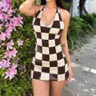 Halter Checkerboard Knit Mini Sheath Dress