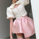 Bow Cutout Cropped Blouse / Mini A-line Skirt