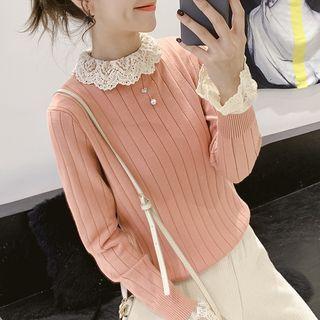 Lace Panel Long-sleeve Knit Top Pink - One Size