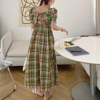 Puff-sleeve Plaid Midi Dress As Shown In Figure - One Size