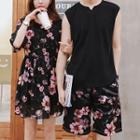 Couple Matching Printed Elbow-sleeve A-line Dress / Set: Plain Tank Top + Printed Shorts