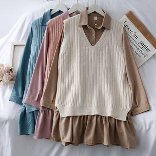 Set: Knit Vest + Ruffled-hem Mini Polo Dress