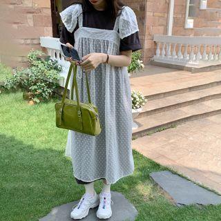 Dotted Midi Overall Dress White - One Size